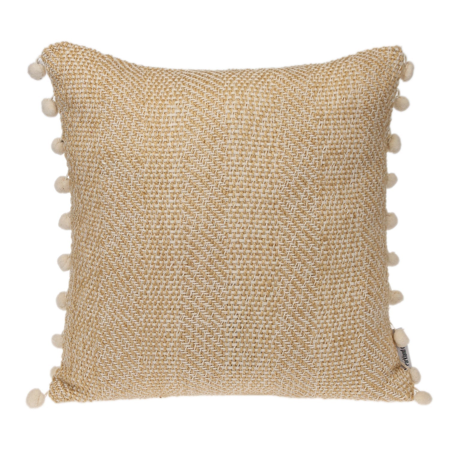 18" Beige and White Weave Cotton Throw Pillow With Pom Poms FurniFindUSA