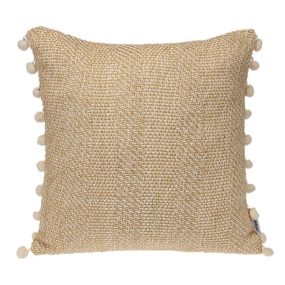 18" Beige and White Weave Cotton Throw Pillow With Pom Poms FurniFindUSA