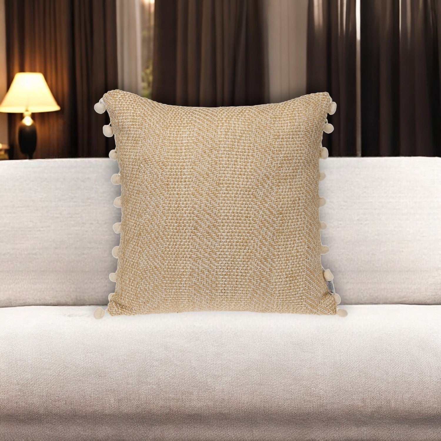 18" Beige and White Weave Cotton Throw Pillow With Pom Poms FurniFindUSA