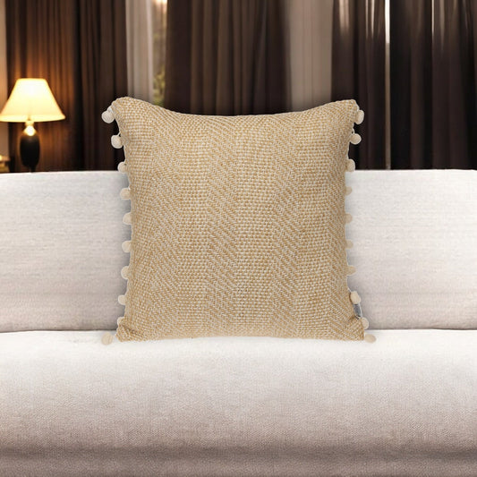 18" Beige and White Weave Cotton Throw Pillow With Pom Poms FurniFindUSA