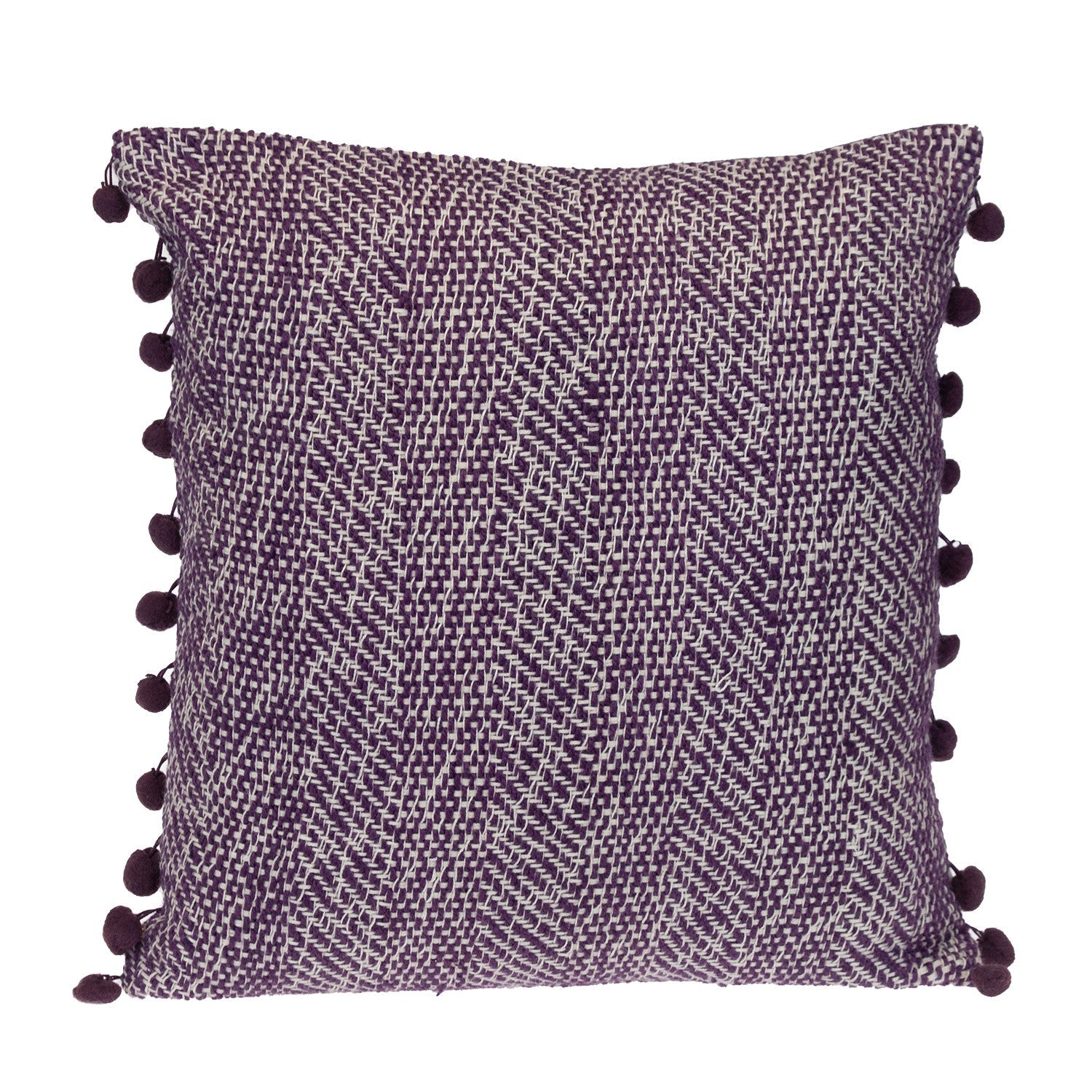 18" Purple and White Weave Cotton Throw Pillow With Pom Poms FurniFindUSA