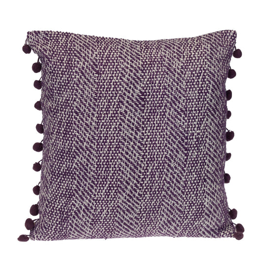 18" Purple and White Weave Cotton Throw Pillow With Pom Poms FurniFindUSA