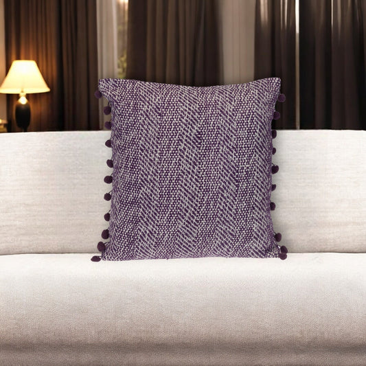 18" Purple and White Weave Cotton Throw Pillow With Pom Poms FurniFindUSA