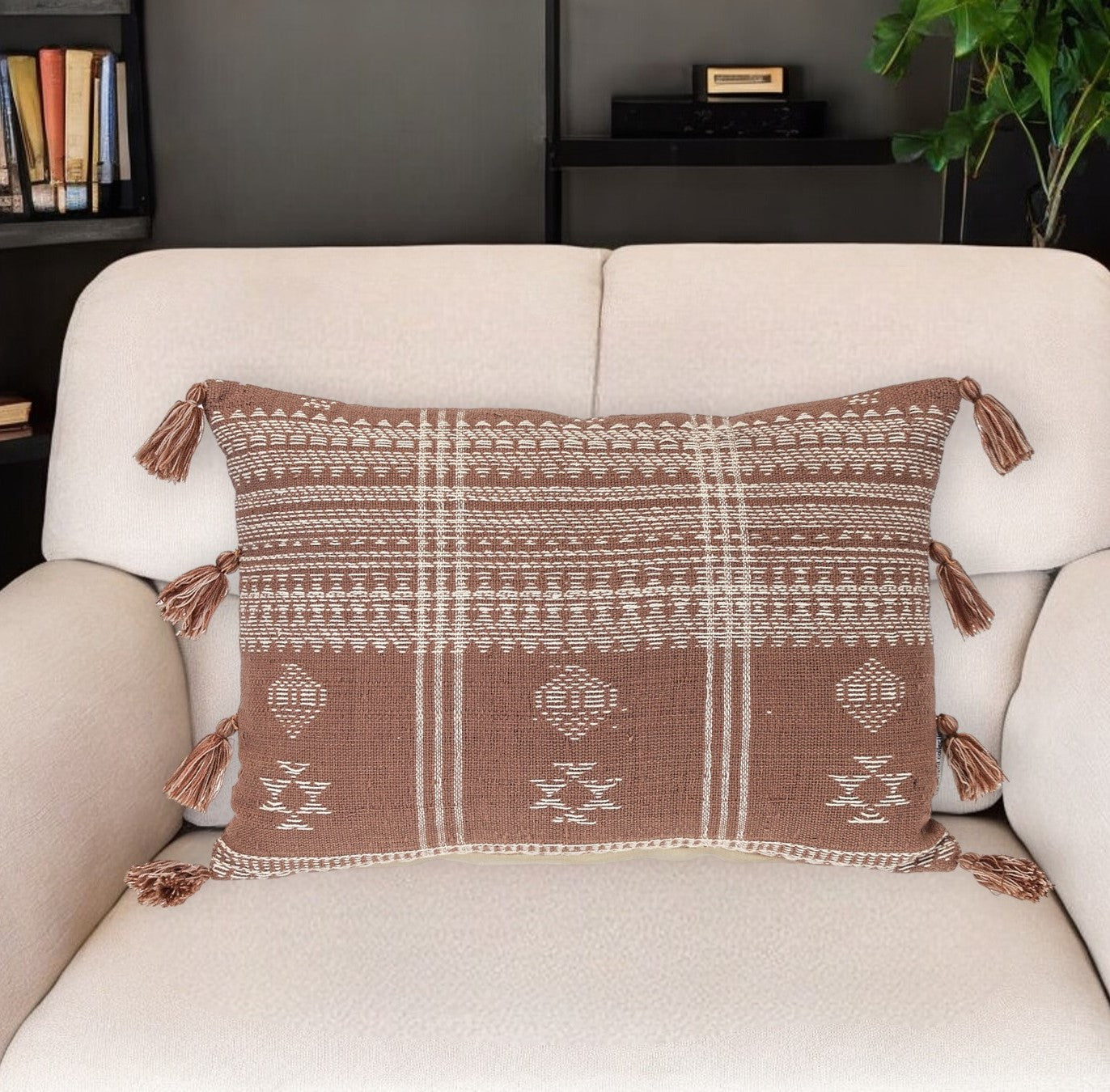 14" X 20" Beige and Brown Southwestern Cotton Throw Pillow With Tassels FurniFindUSA