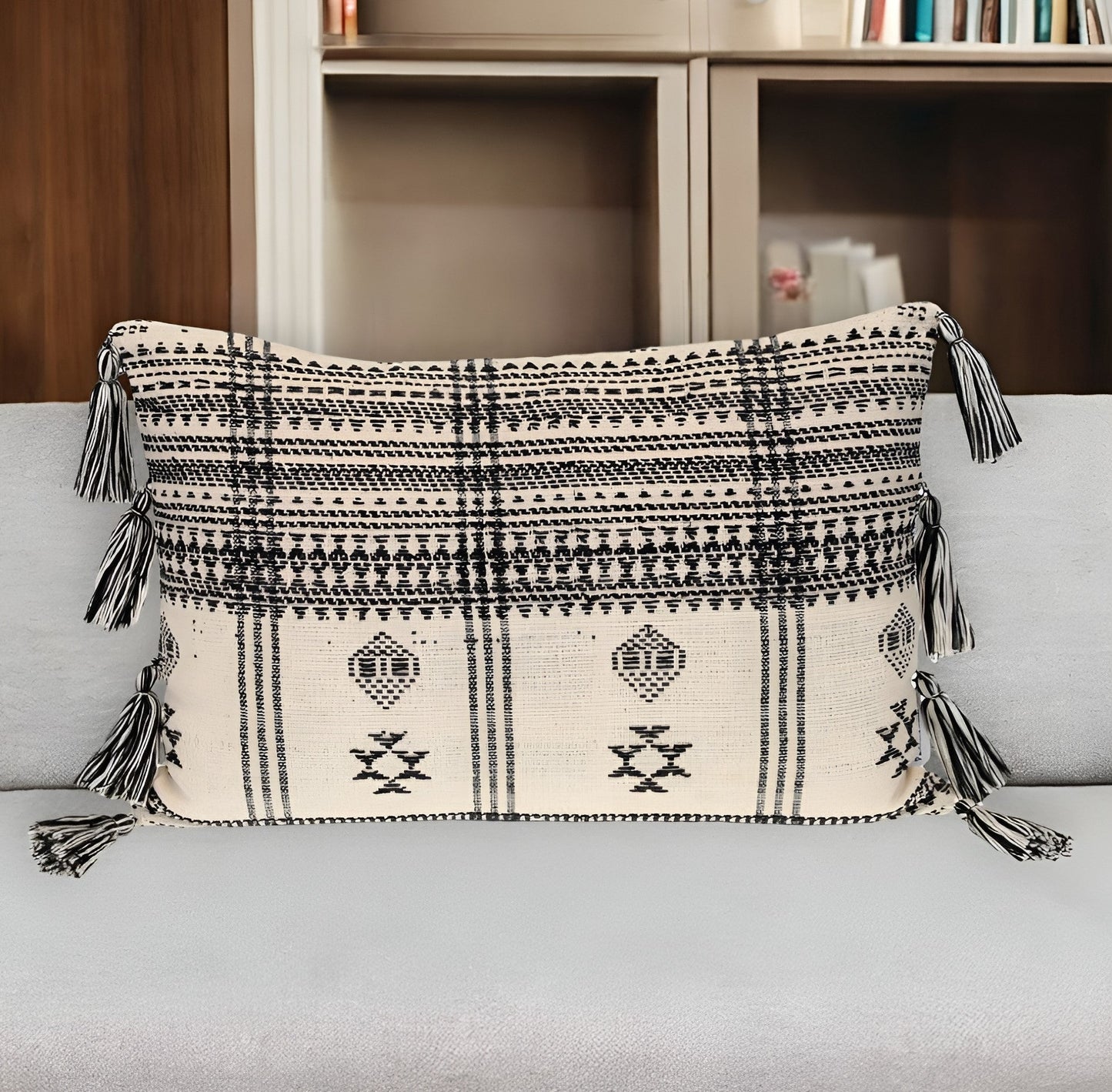 14" X 20" Beige and Black Southwestern Cotton Throw Pillow With Tassels FurniFindUSA