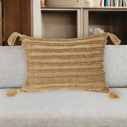 14" X 20" Beige Striped Cotton Throw Pillow With Tassels