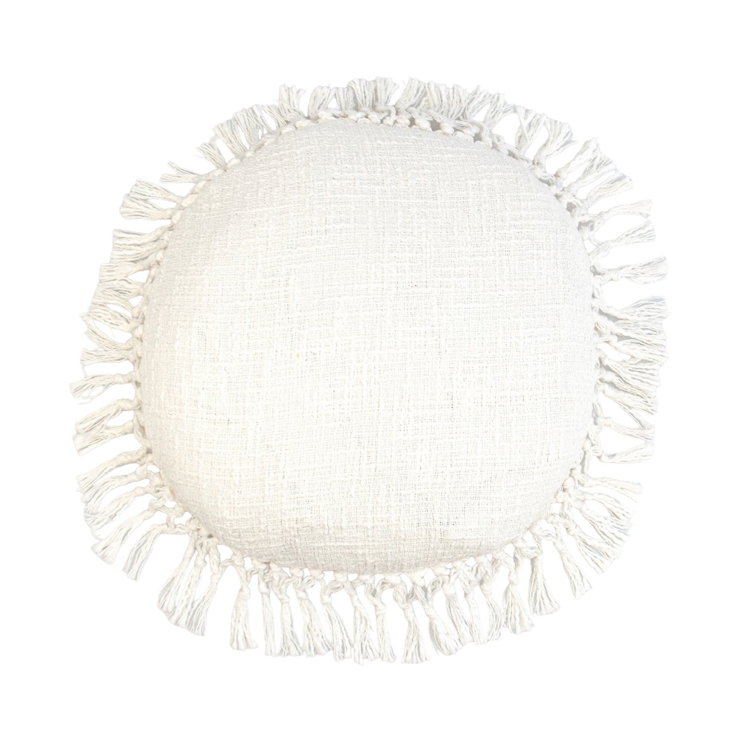 18" X 18" White Round Cotton Throw Pillow With Fringe FurniFindUSA
