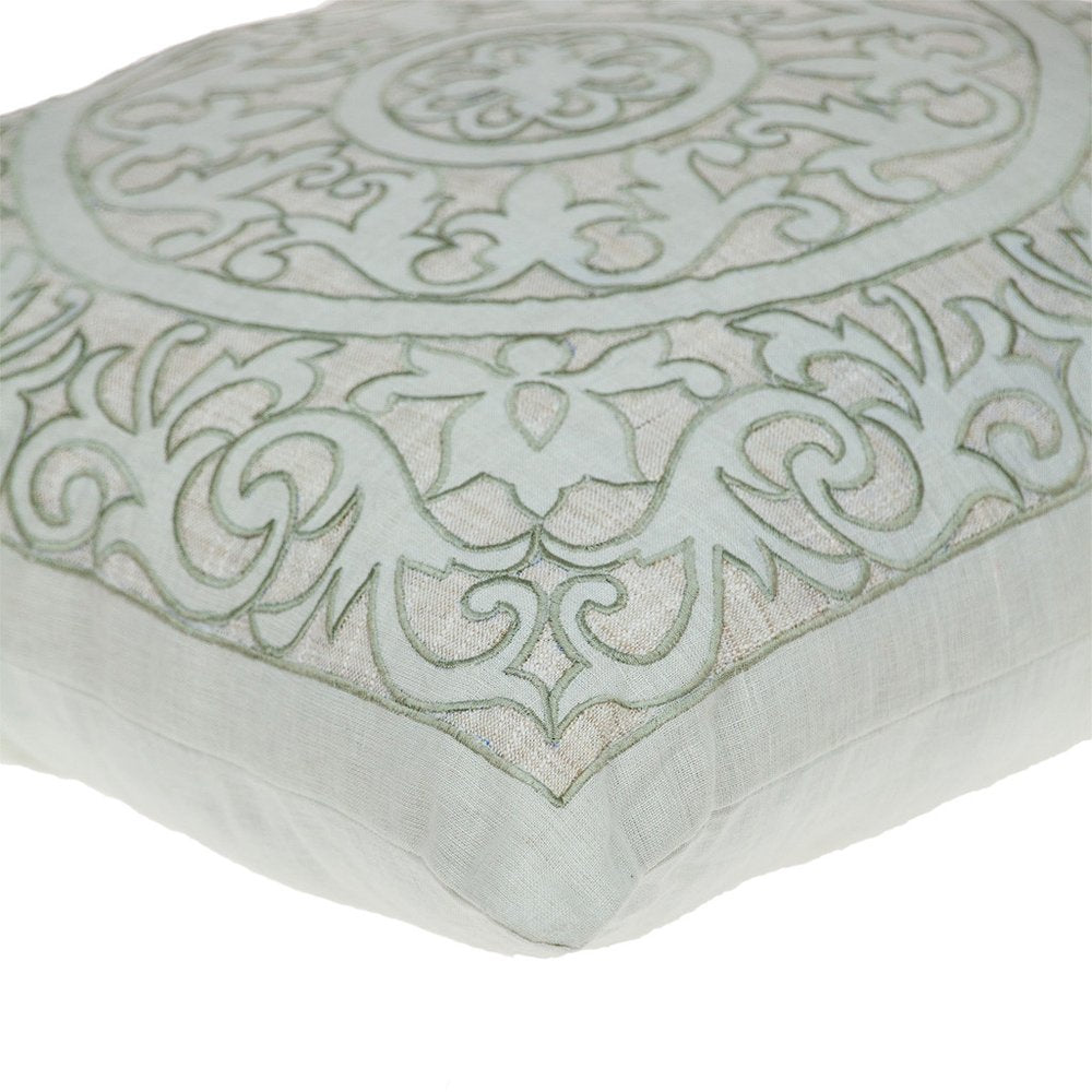 22" Beige and Green Damask Linen Blend Throw Pillow with Embroidery and Applique — view 4