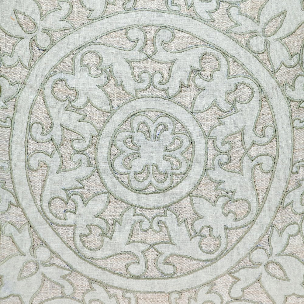 22" Beige and Green Damask Linen Blend Throw Pillow with Embroidery and Applique — view 5