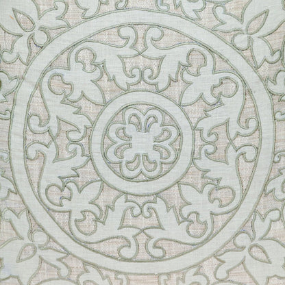 22" Beige and Green Damask Linen Blend Throw Pillow with Embroidery and Applique