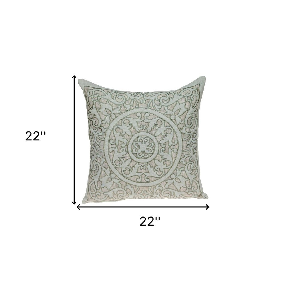 22" Beige and Green Damask Linen Blend Throw Pillow with Embroidery and Applique — view 6