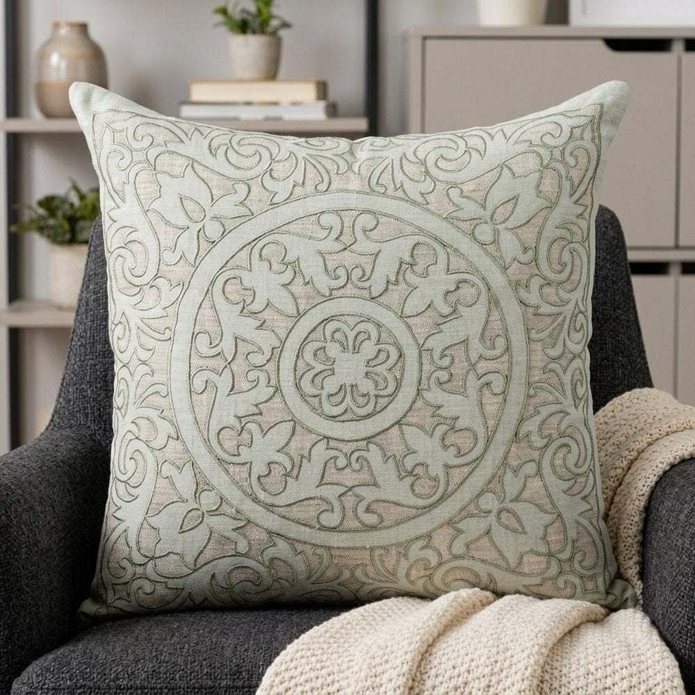22" Beige and Green Damask Linen Blend Throw Pillow with Embroidery and Applique — view 7