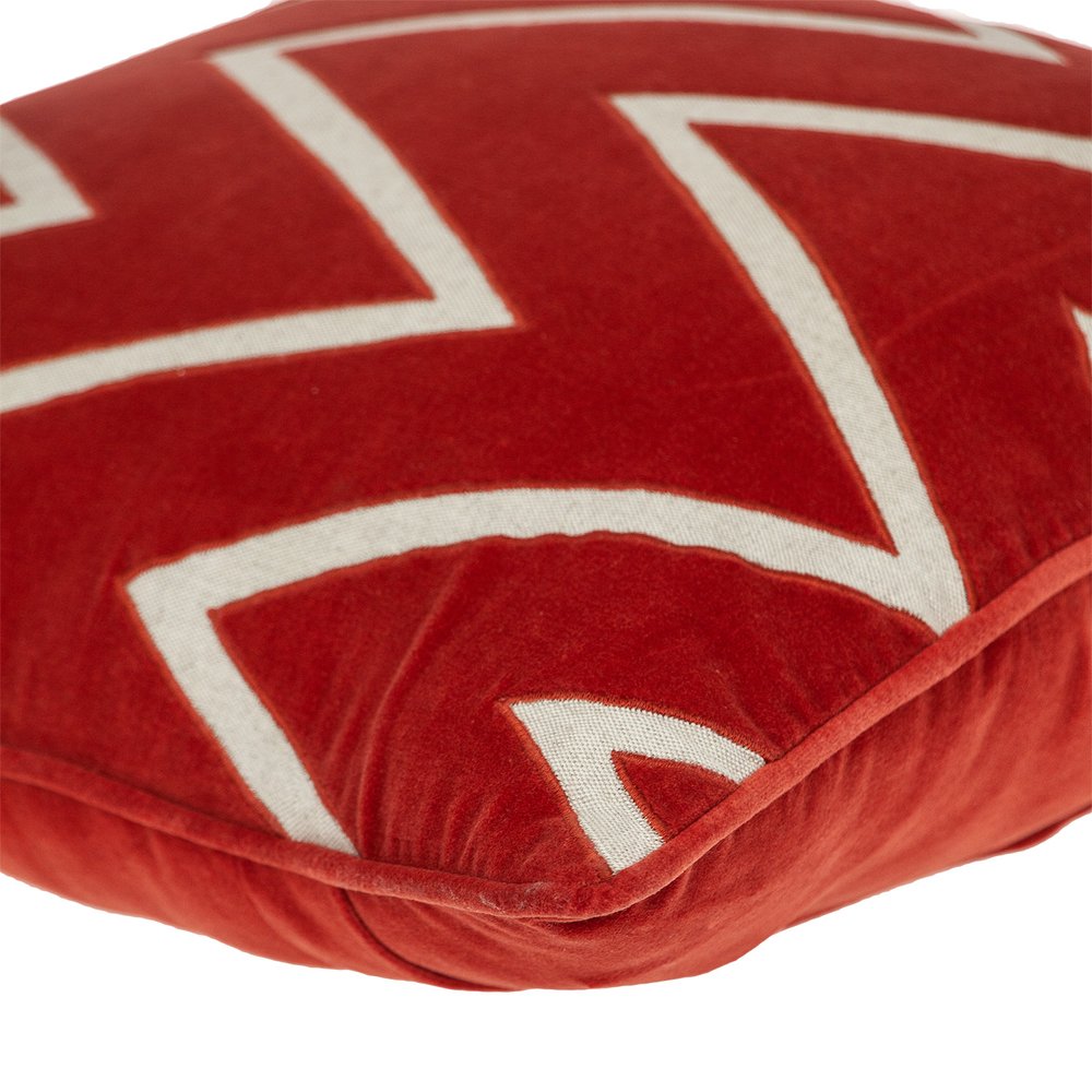 22" Beige and Red Zigzag Cotton Throw Pillow with Embroidery and Applique — view 4