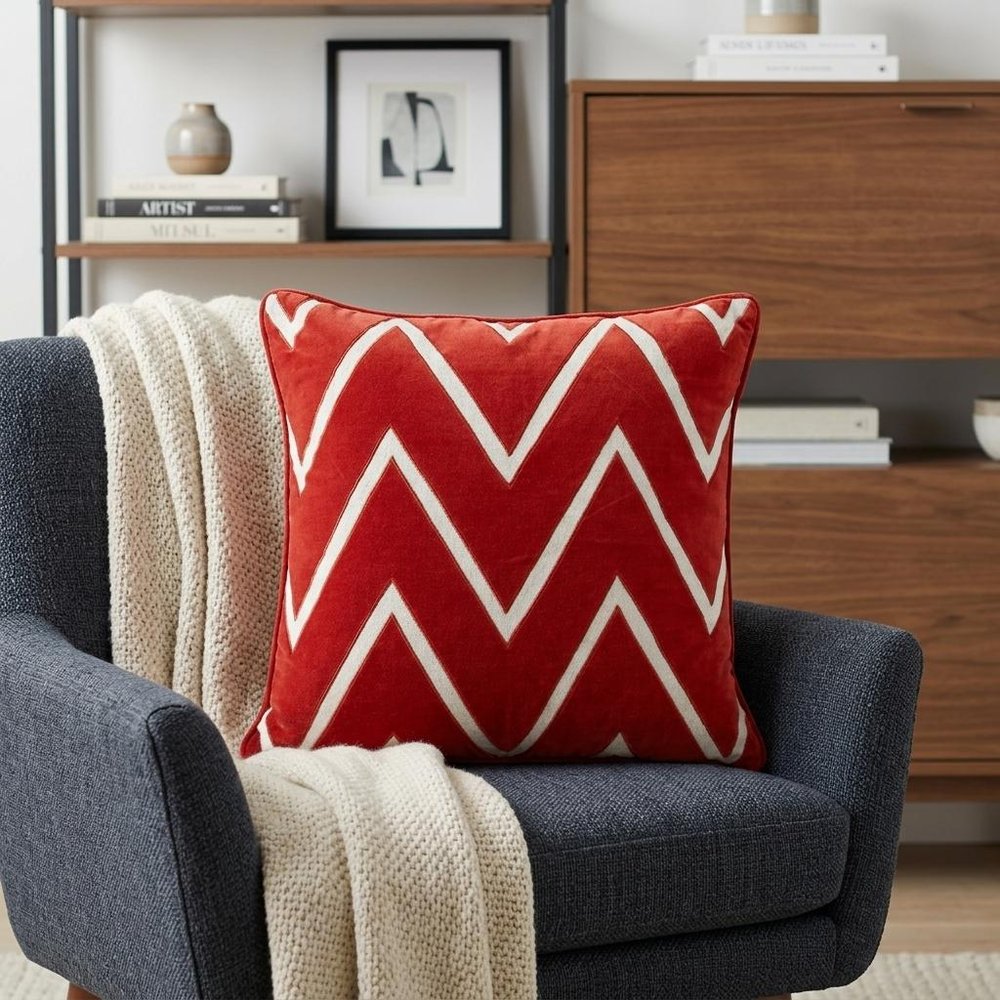22" Beige and Red Zigzag Cotton Throw Pillow with Embroidery and Applique — view 7