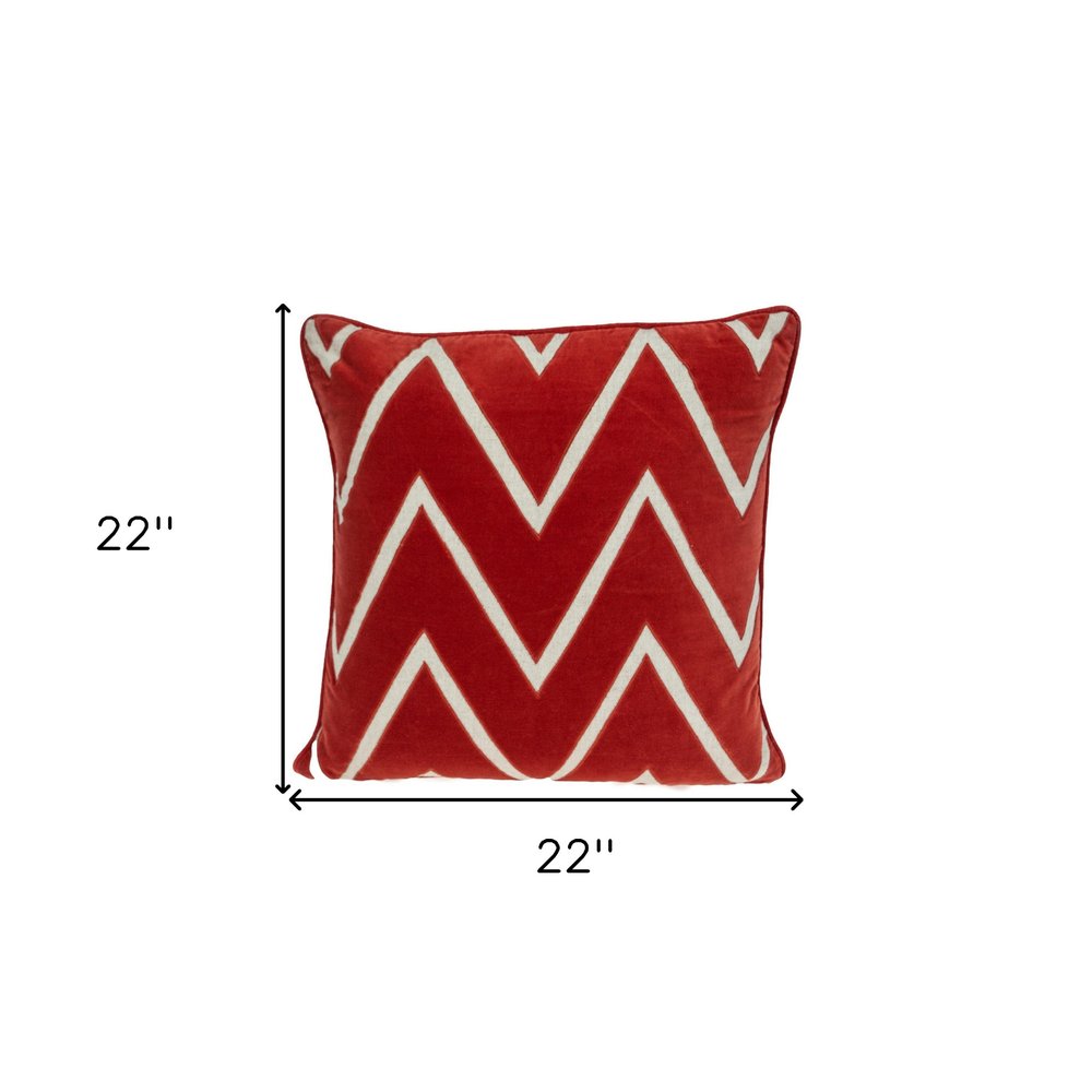 22" Beige and Red Zigzag Cotton Throw Pillow with Embroidery and Applique — view 6