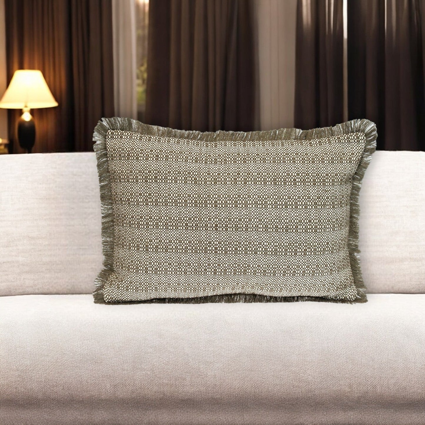 14" X 20" Green and White Striped Cotton Throw Pillow With Fringe FurniFindUSA