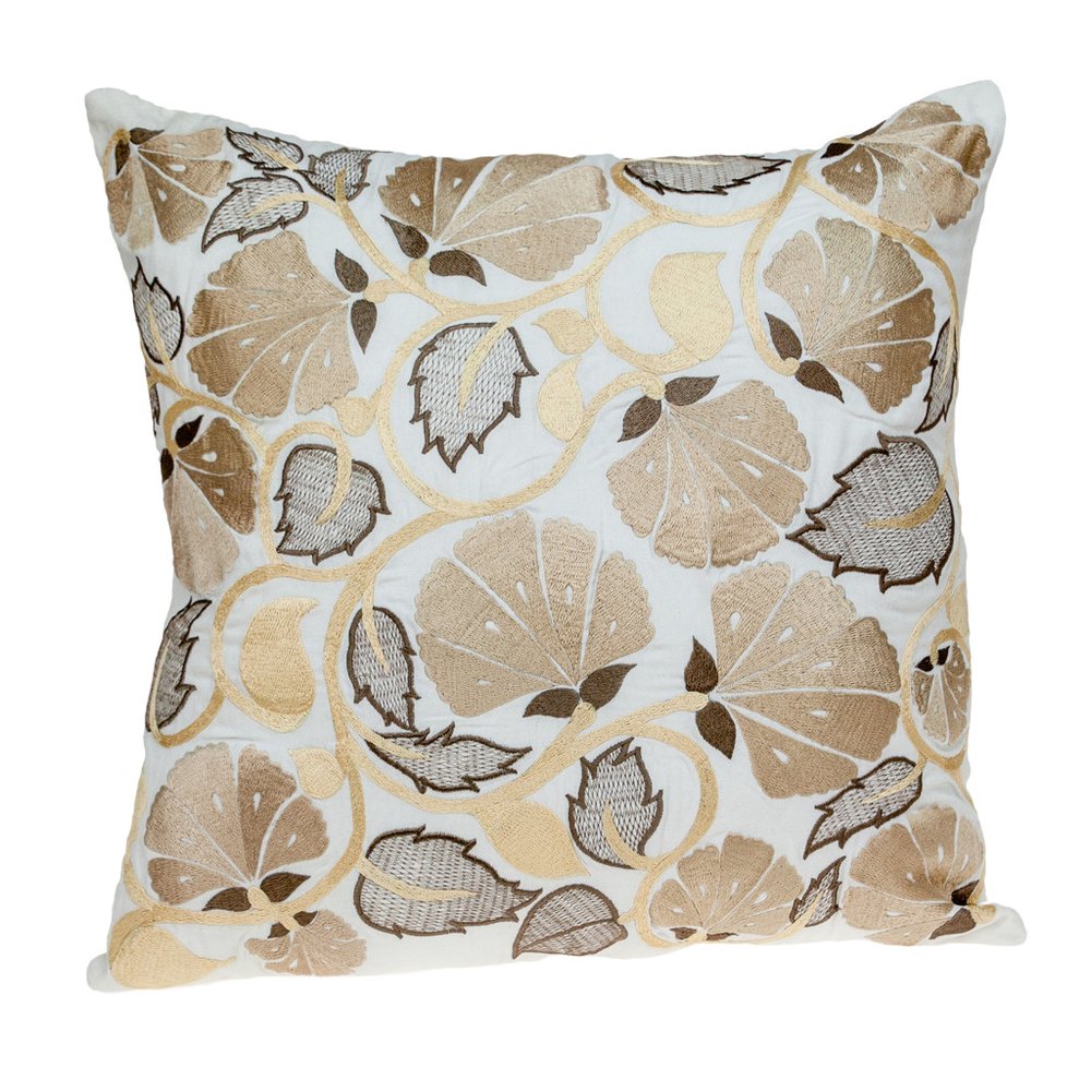 22" Gold and White Floral Cotton Throw Pillow With Embroidery — view 1