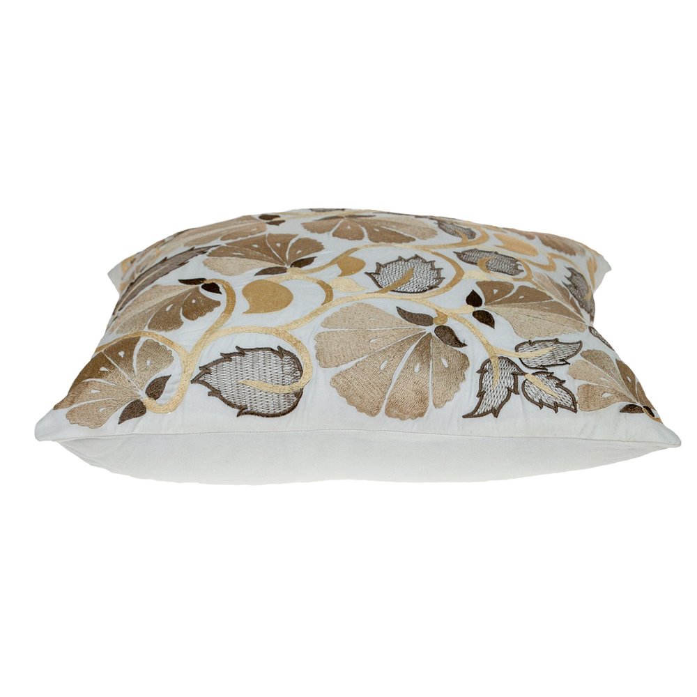 22" Gold and White Floral Cotton Throw Pillow With Embroidery — view 3