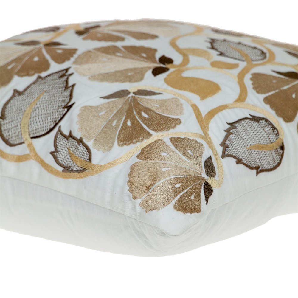 22" Gold and White Floral Cotton Throw Pillow With Embroidery — view 4