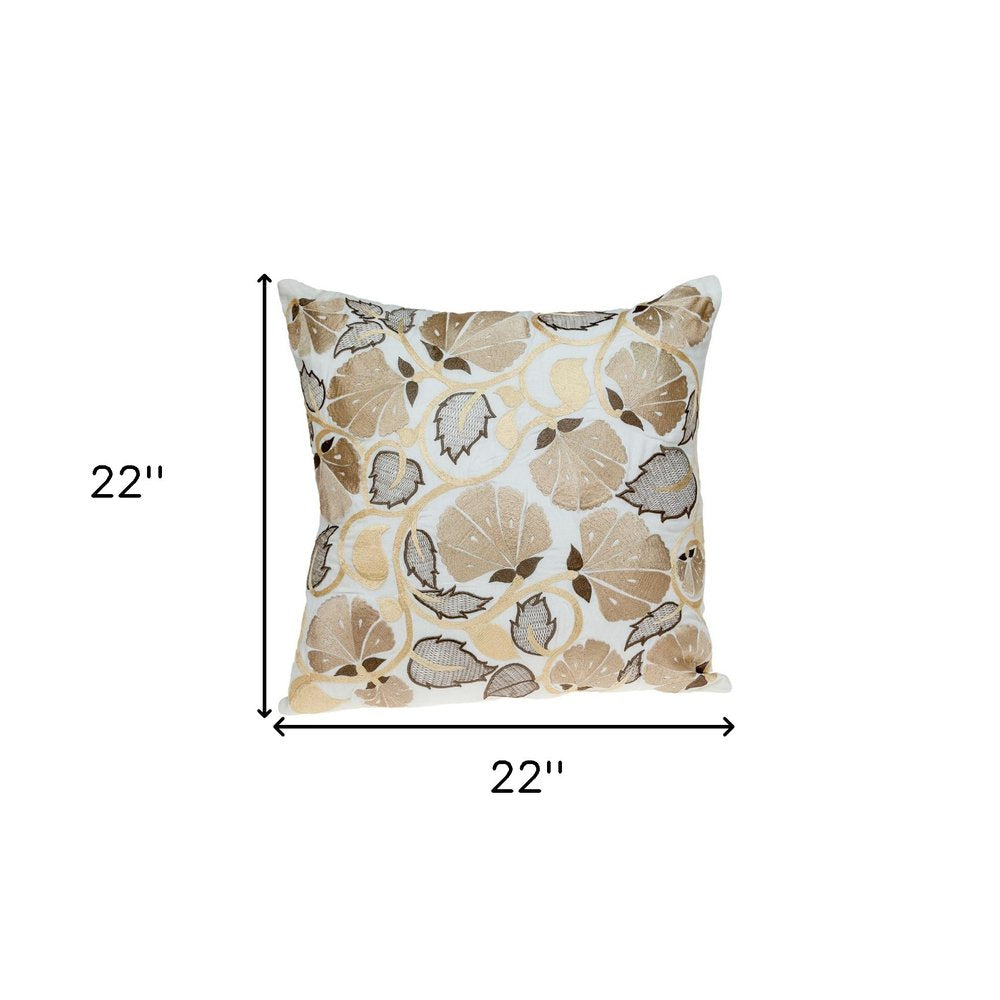 22" Gold and White Floral Cotton Throw Pillow With Embroidery — view 6