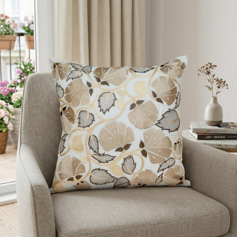 22" Gold and White Floral Cotton Throw Pillow With Embroidery — view 7