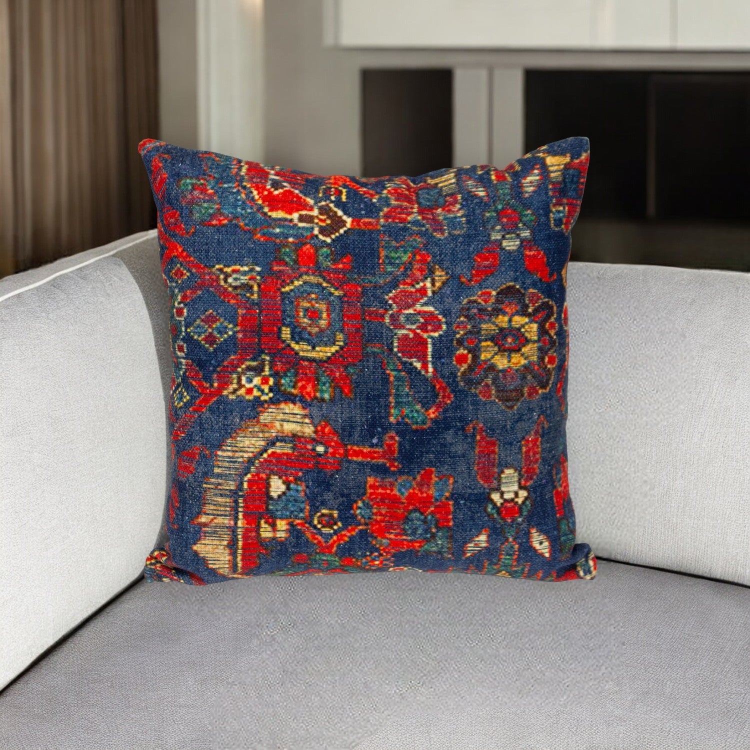 18" Blue and Red Damask Cotton Throw Pillow FurniFindUSA