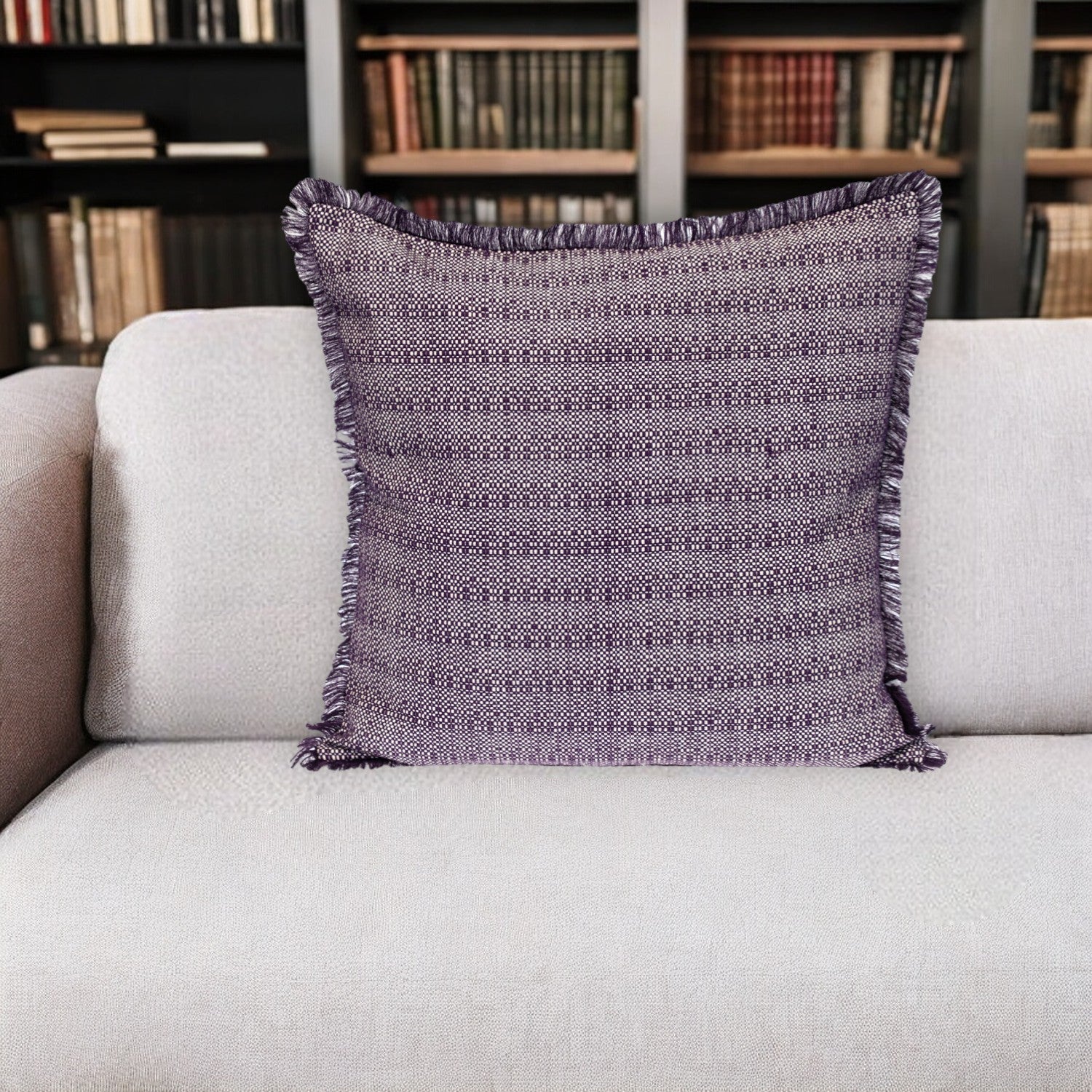 24" Purple and White Striped Cotton Throw Pillow With Fringe FurniFindUSA