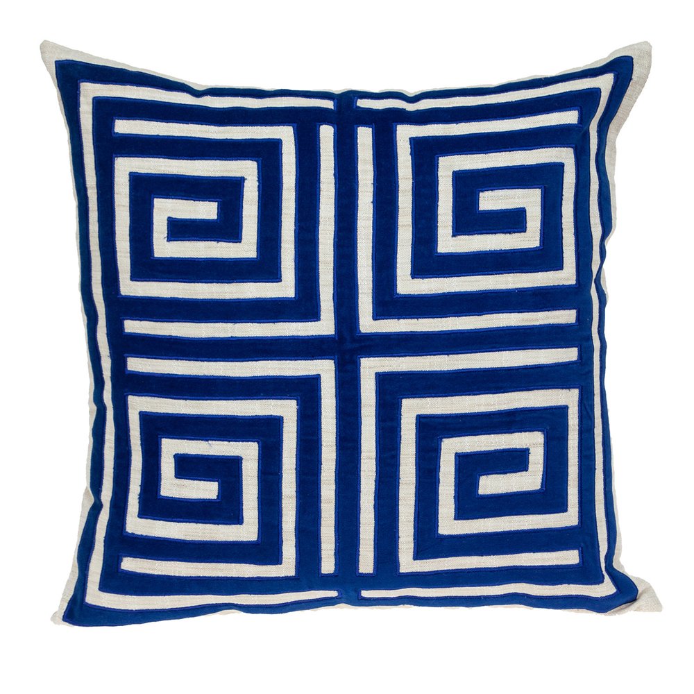 22" Beige and Blue Poly Cotton Blend Throw Pillow with Embroidery and applique — view 1