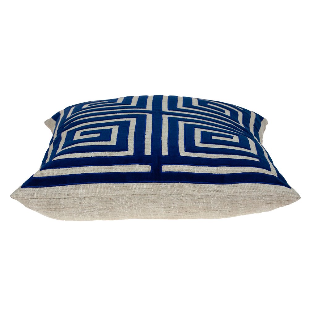 22" Beige and Blue Poly Cotton Blend Throw Pillow with Embroidery and applique — view 3