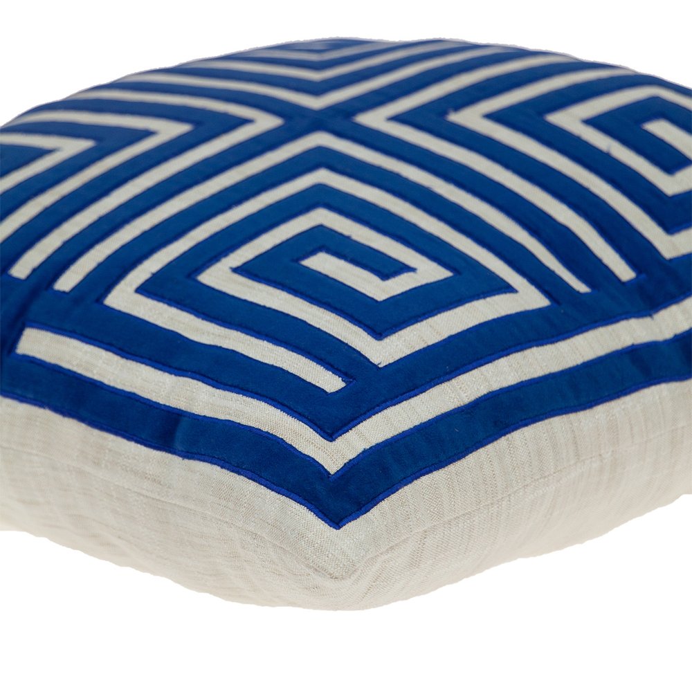 22" Beige and Blue Poly Cotton Blend Throw Pillow with Embroidery and applique — view 4