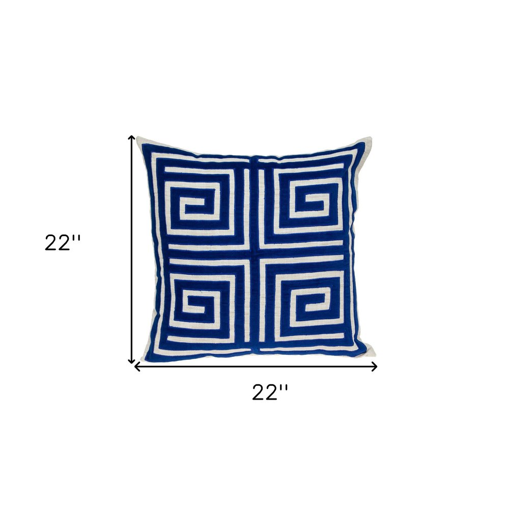 22" Beige and Blue Poly Cotton Blend Throw Pillow with Embroidery and applique — view 6