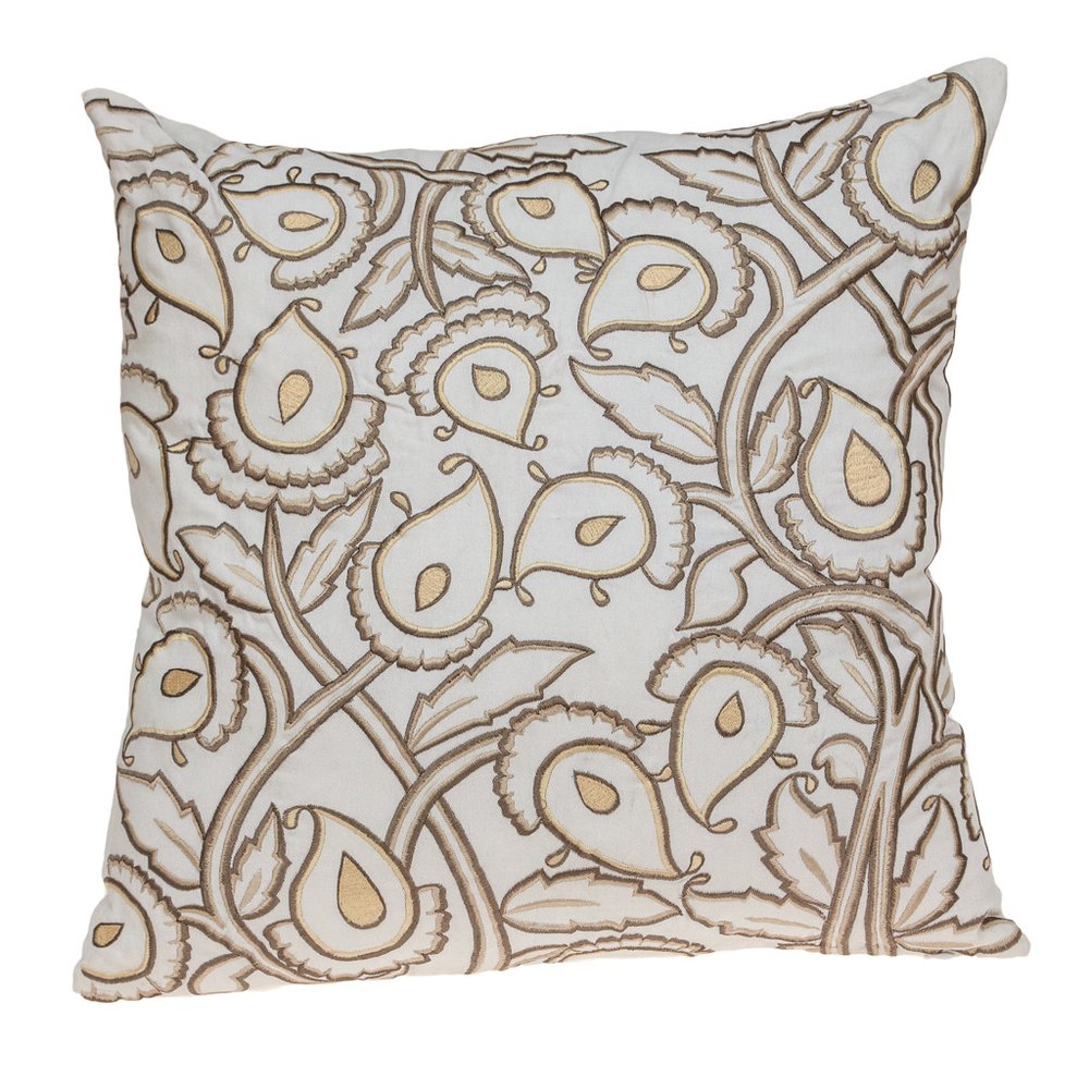 22" Brown And White Floral Cotton Throw Pillow with Embroidery — view 1