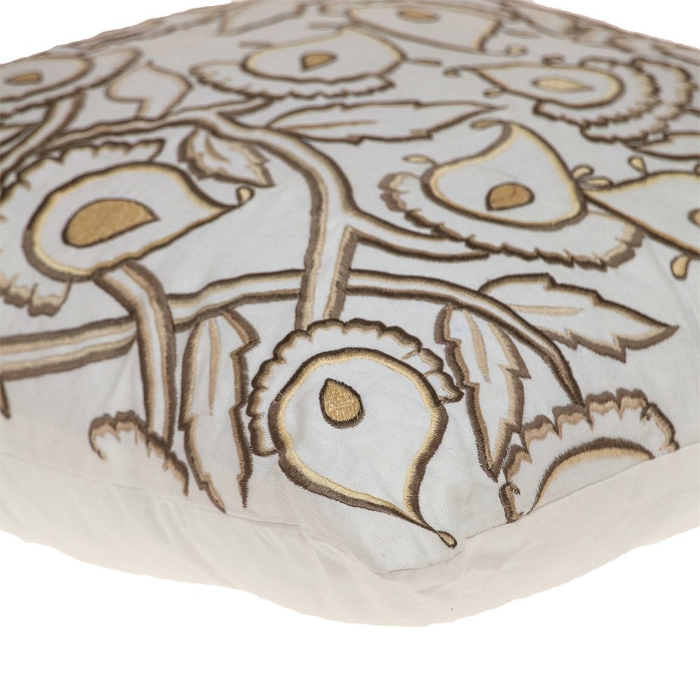 22" Brown And White Floral Cotton Throw Pillow with Embroidery — view 4