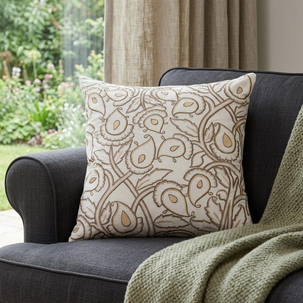 22" Brown And White Floral Cotton Throw Pillow with Embroidery — view 7