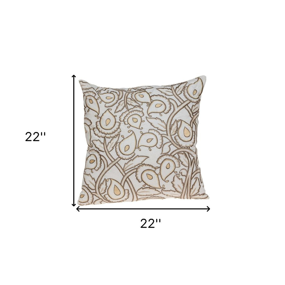 22" Brown And White Floral Cotton Throw Pillow with Embroidery — view 6