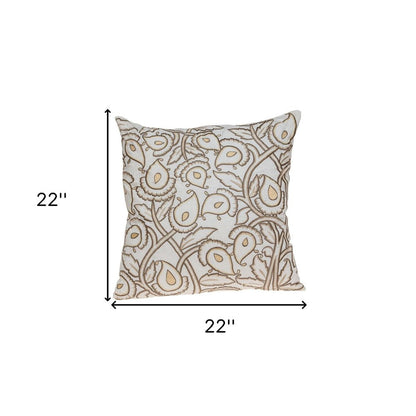 22" Brown And White Floral Cotton Throw Pillow with Embroidery