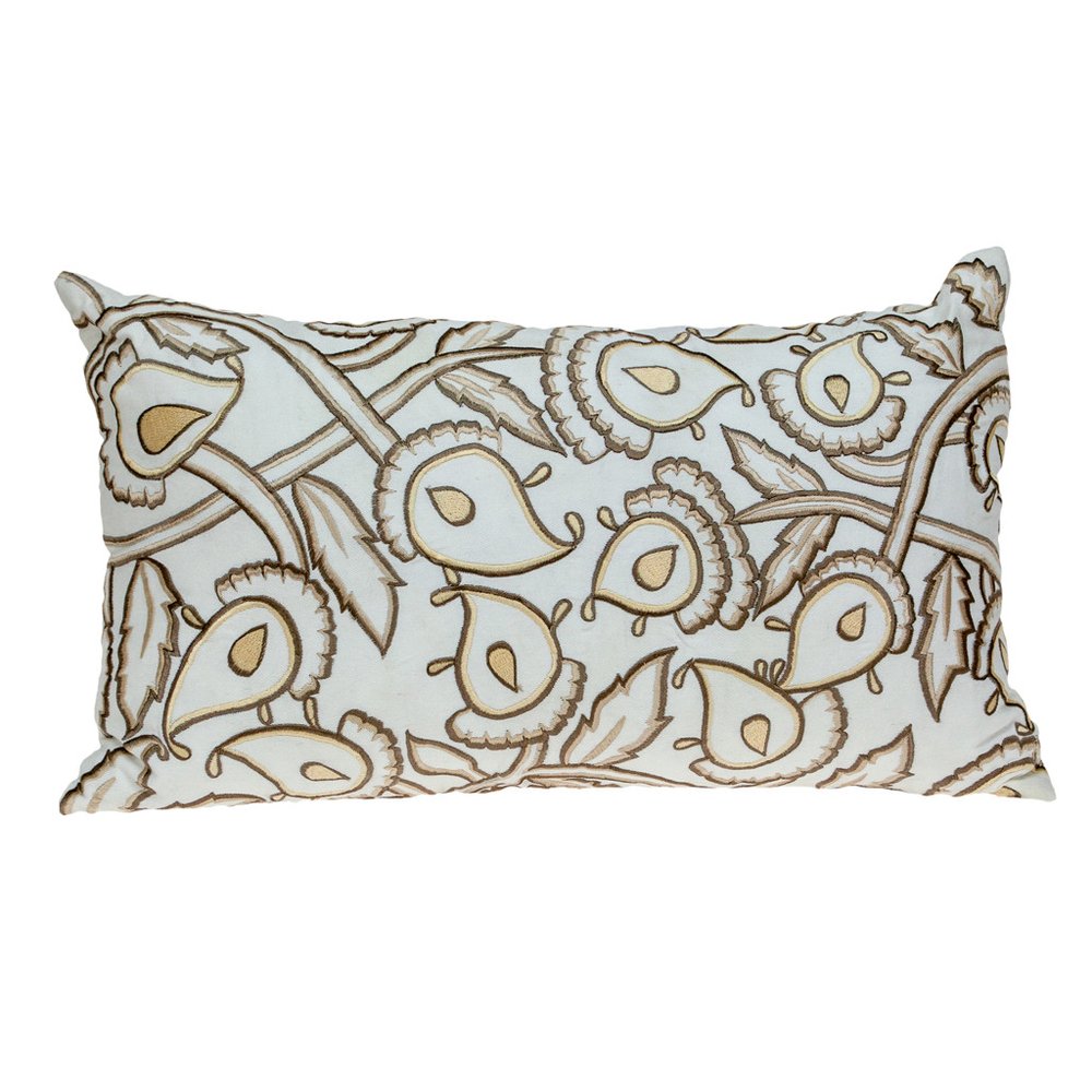 14" X 24" Brown and White Cotton Lumbar Throw Pillow with Embroidery — view 1