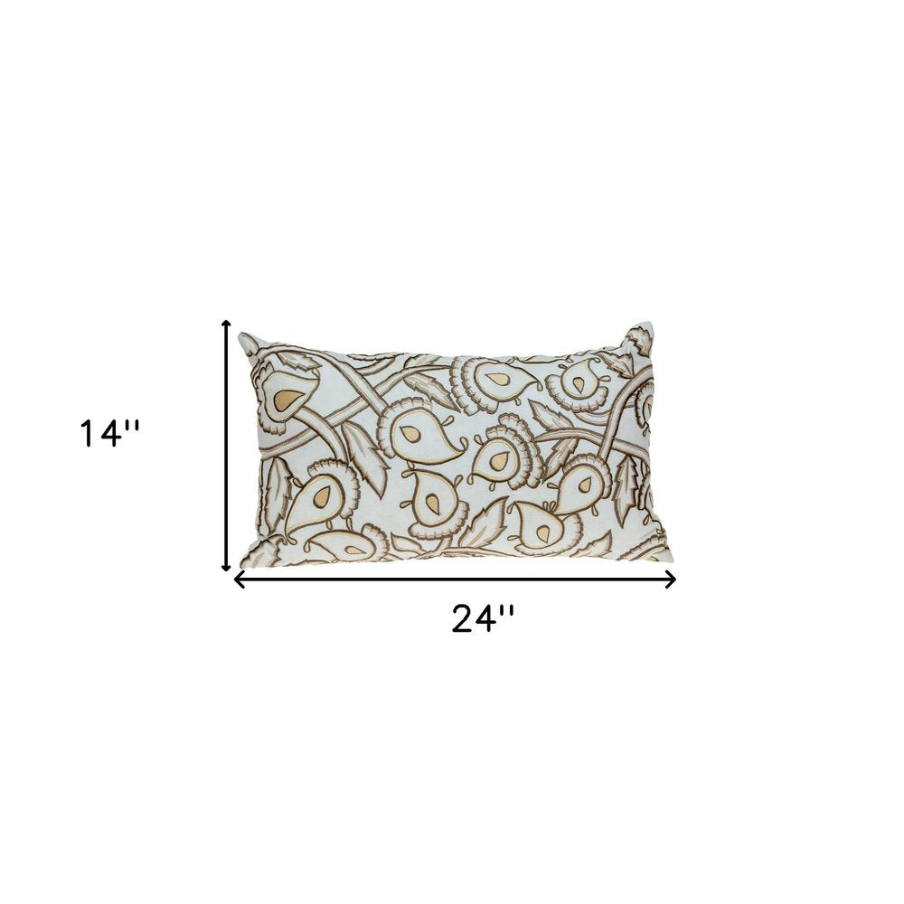 14" X 24" Brown and White Cotton Lumbar Throw Pillow with Embroidery — view 5