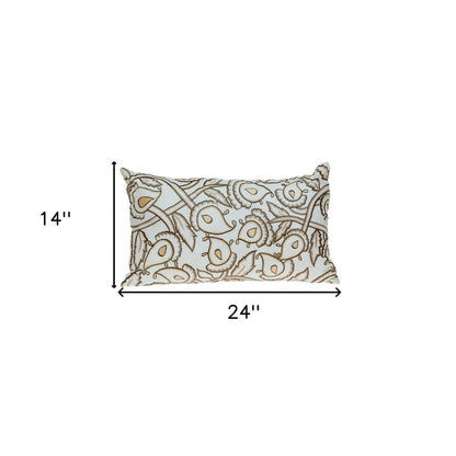 14" X 24" Brown and White Cotton Lumbar Throw Pillow with Embroidery