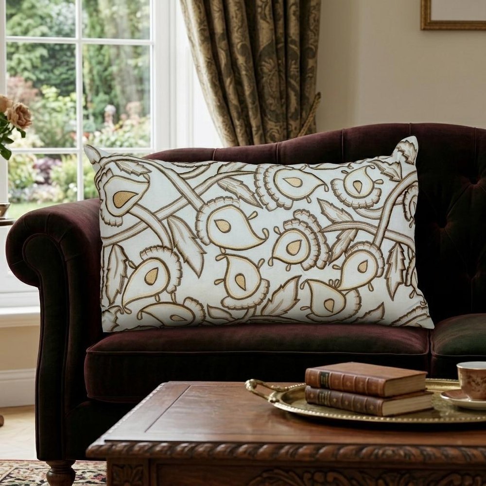 14" X 24" Brown and White Cotton Lumbar Throw Pillow with Embroidery — view 6