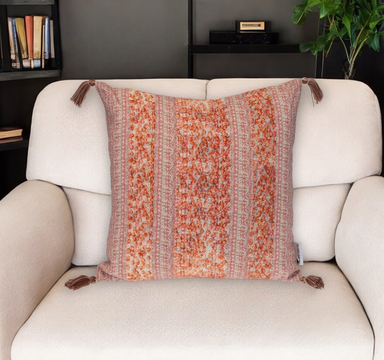 18" Pink and Orange Striped Cotton Throw Pillow With Tassels FurniFindUSA