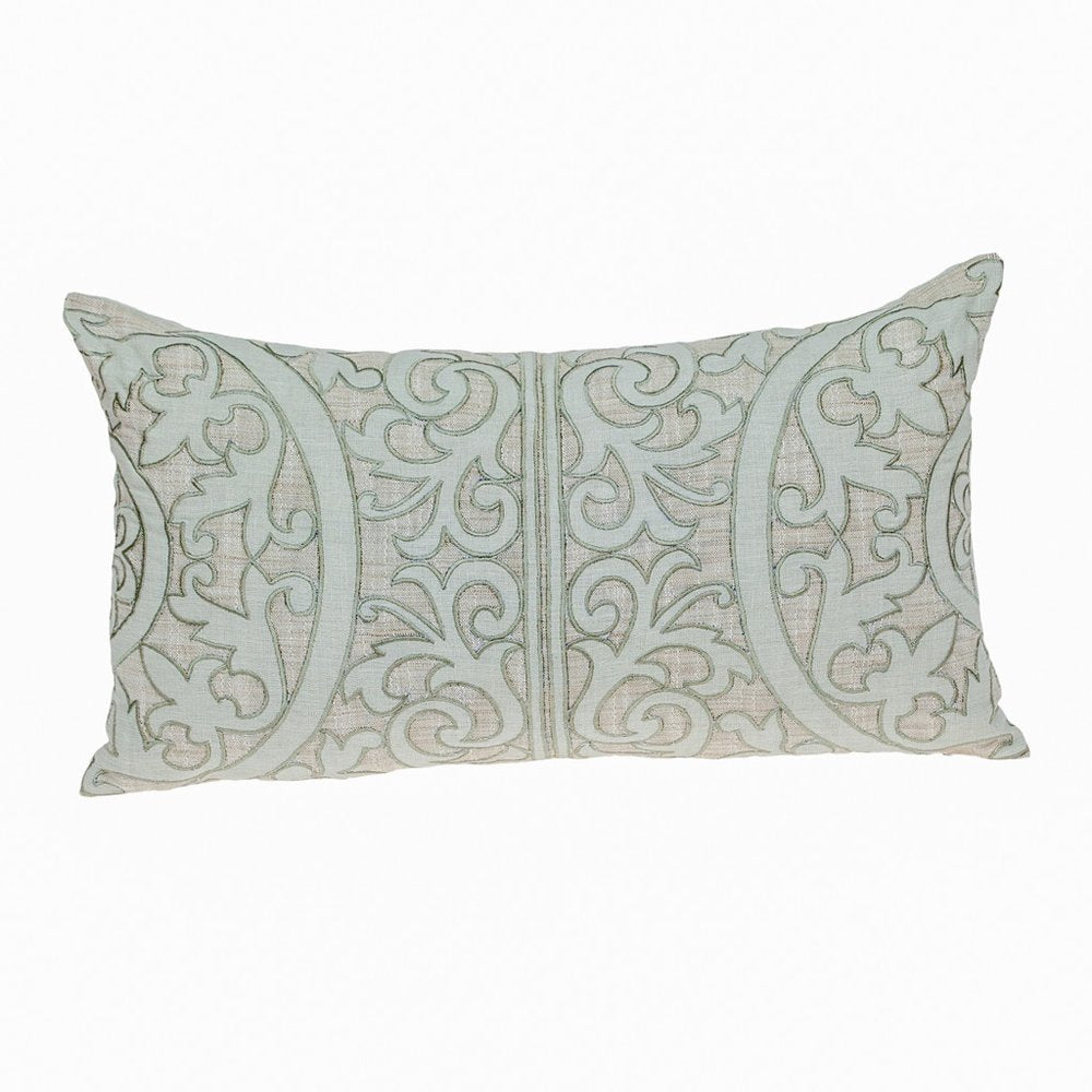 14" X 24" Beige and Green Linen Lumbar Throw Pillow with Embroidery — view 1