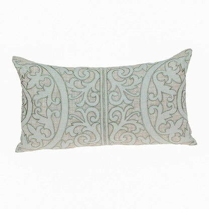 14" X 24" Beige and Green Linen Lumbar Throw Pillow with Embroidery