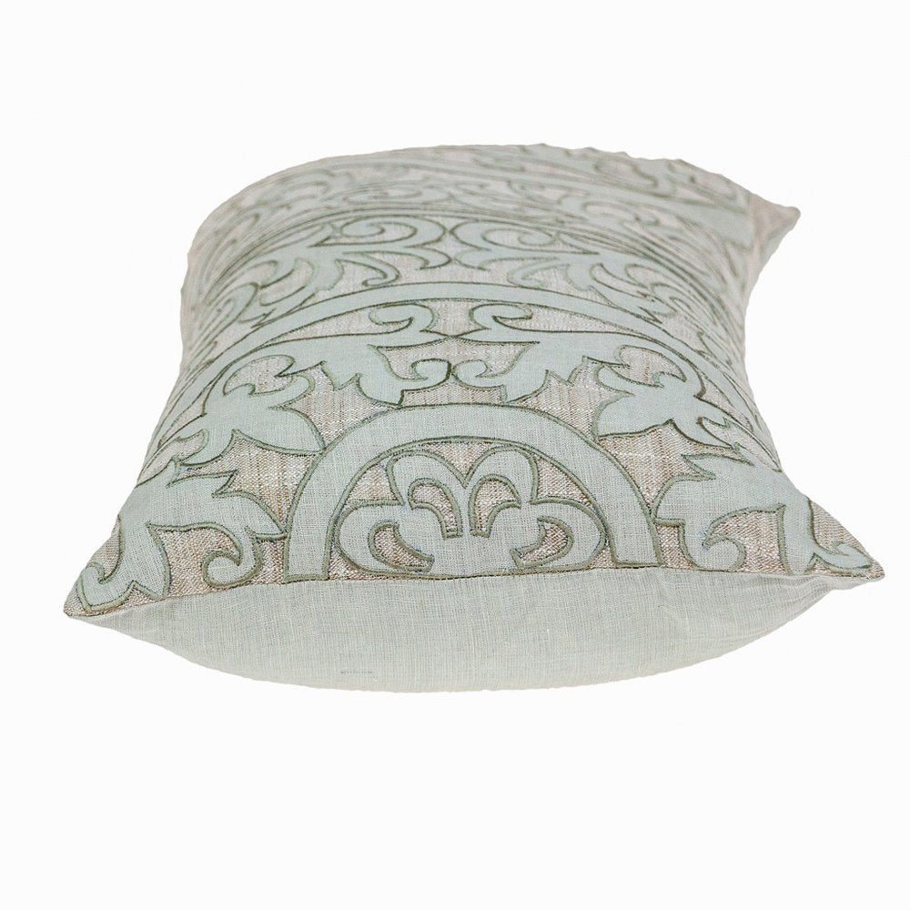 14" X 24" Beige and Green Linen Lumbar Throw Pillow with Embroidery — view 2