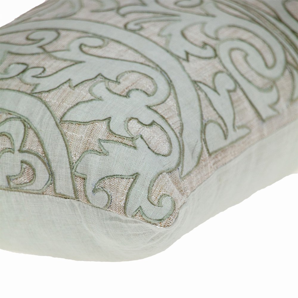 14" X 24" Beige and Green Linen Lumbar Throw Pillow with Embroidery