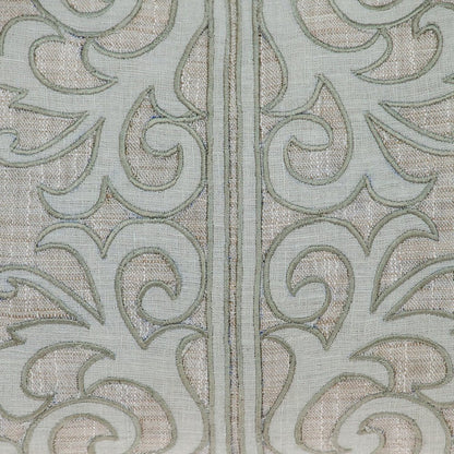 14" X 24" Beige and Green Linen Lumbar Throw Pillow with Embroidery