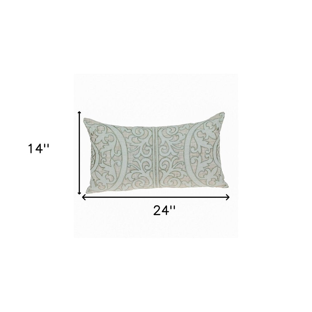 14" X 24" Beige and Green Linen Lumbar Throw Pillow with Embroidery — view 5