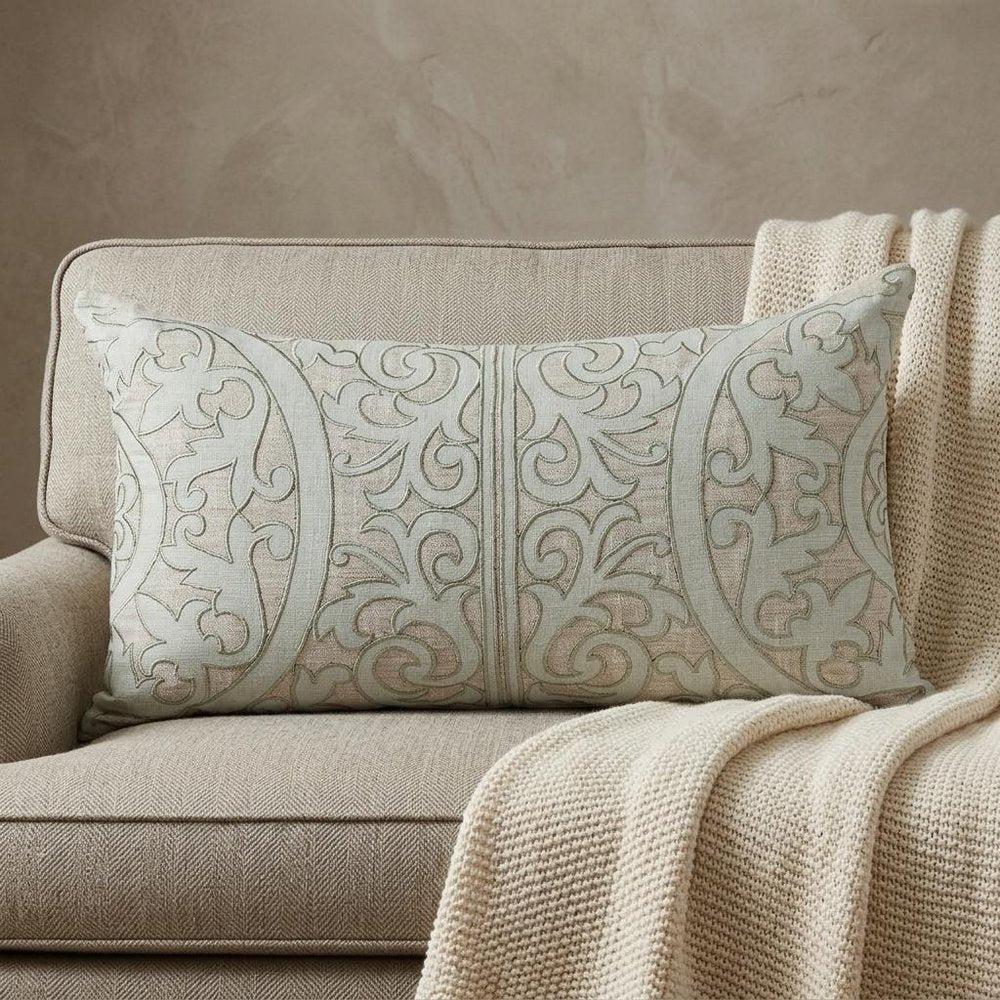 14" X 24" Beige and Green Linen Lumbar Throw Pillow with Embroidery — view 6