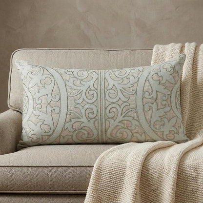 14" X 24" Beige and Green Linen Lumbar Throw Pillow with Embroidery