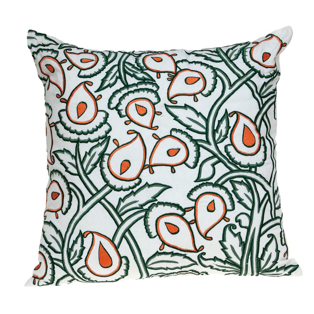 22" Green And White Floral Cotton Throw Pillow with Embroidery — view 1